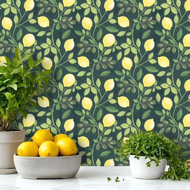 レモンブランチボタニカルキッチン 壁紙 (Botanical design with yellow lemons and green branches, perfect for kitchens and Mediterranean style)