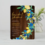 レモンブルーのフローラウッドスクリプトブライダルシャワー 箔招待状 (立ち正面)