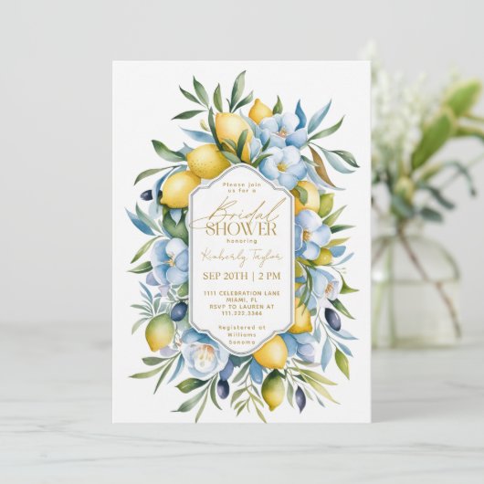 レモンブルーイタリアンイエローフローラブライダルシャワー 招待状 (スタンド正面)