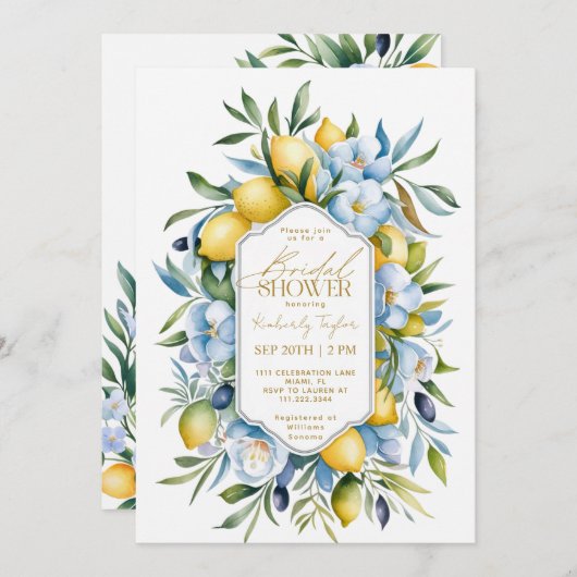 レモンブルーイタリアンイエローフローラブライダルシャワー 招待状 (正面/裏面)