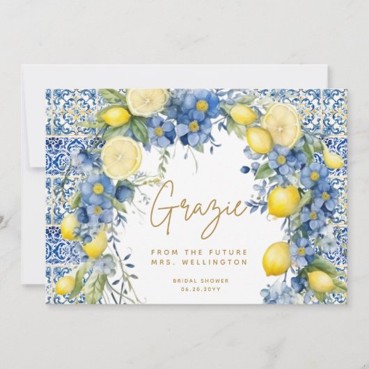 レモンブルーイタリアンタイルイタリアブライダルシャワー サンキューカード (正面)