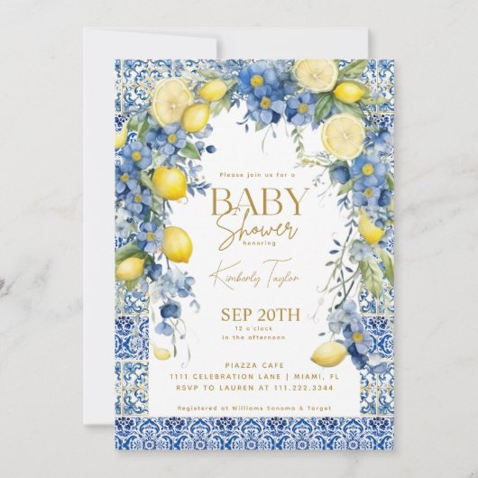 レモンブルーイタリアンタイルイタリアベビーシャワー 招待状 (正面)