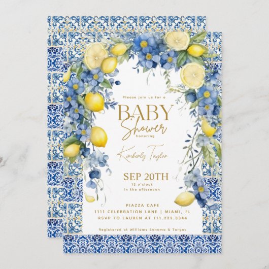 レモンブルーイタリアンタイルイタリアベビーシャワー 招待状 (正面/裏面)