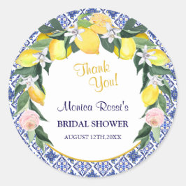レモンブルーイタリアンタイルブライダルシャワーありがとう ラウンドシール