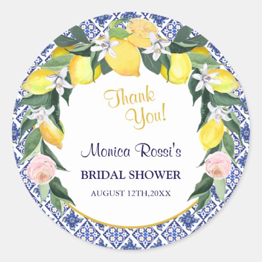 レモンブルーイタリアンタイルブライダルシャワーありがとう ラウンドシール (正面)