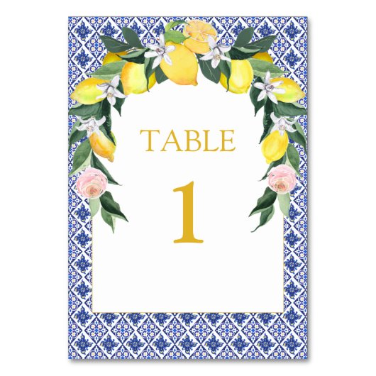 レモンブルーイタリアンタイルブライダルシャワーテーブルカード テーブルナンバー (正面)