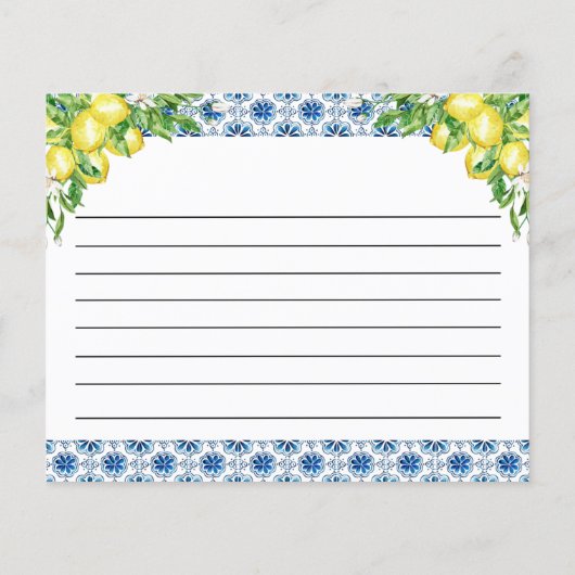 レモンブルーイタリアンタイルブライダルシャワーレシピカード (裏面)