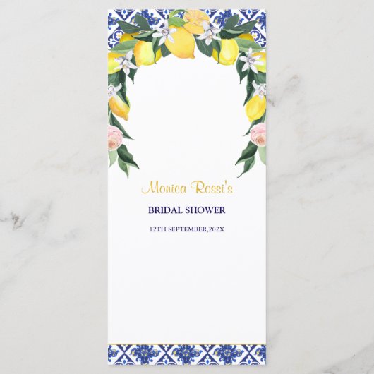 レモンブルーイタリアンタイルブライダルシャワー結婚ズ メニュー (裏面)