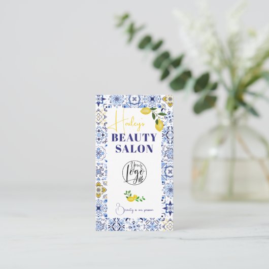 レモンブルーイタリアンタイル水彩美しいサロン 名刺 (スタンド正面)