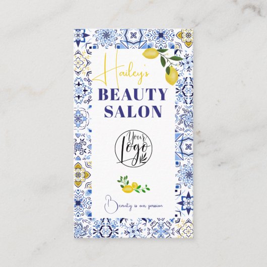 レモンブルーイタリアンタイル水彩美しいサロン 名刺 (正面)