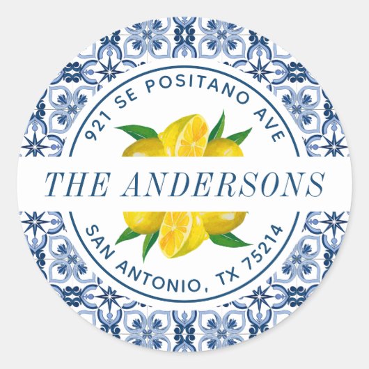 レモンブルーイタリアンタイル結婚の差出人住所 ラウンドシール (正面)