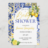 レモンブルーイタリアンタイル赤地中海のちゃんシャワー 招待状 (正面/裏面)