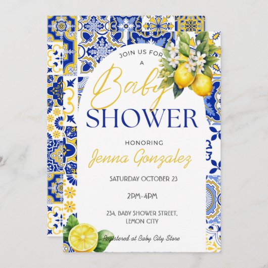 レモンブルーイタリアンタイル赤地中海のちゃんシャワー 招待状 (正面/裏面)