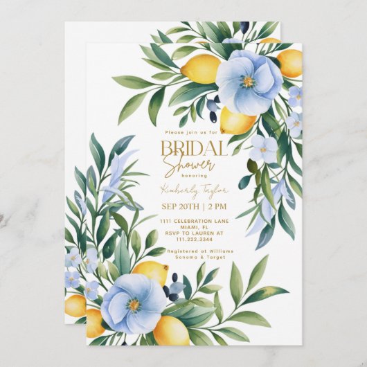 レモンブルーイタリアンフローラシトラスブライダルシャワー 招待状 (正面/裏面)