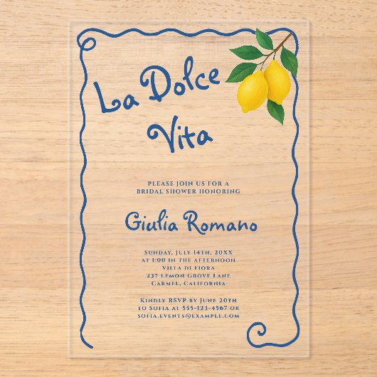 レモンブルーウィミフレームラドルチェヴィータブライダルシャワー アクリル招待状 (正面)