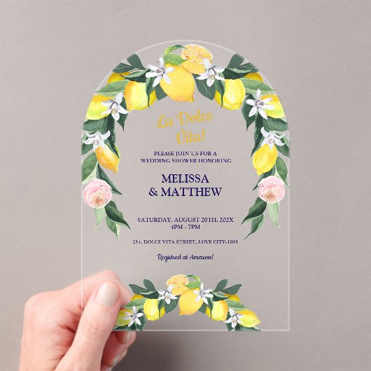 レモンブルータイルイタリアンカップルウェディングシャワー アクリル招待状 (インサイチュ (ポータブル))