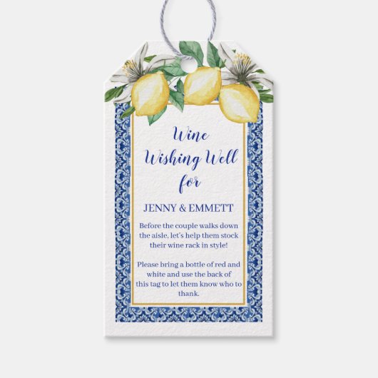レモンブルータイルワインウィングウェルブライダルシャワー ギフトタグ (正面)