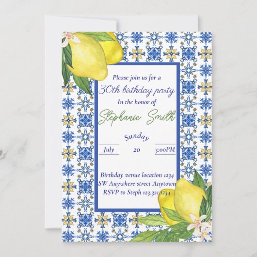 レモンブルータイル地中海の誕生日招待状 招待状 (正面)