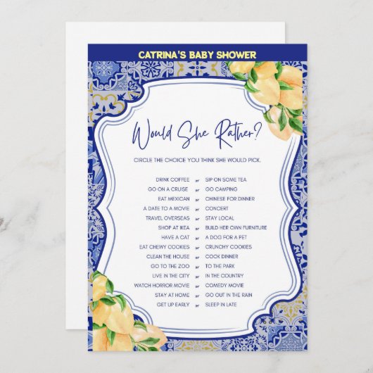 レモンブルータイル赤ちゃんシャワー – 編集可能な名前， 5x7 招待状 (正面/裏面)