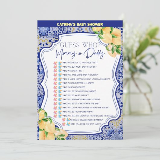 レモンブルータイル赤ちゃんシャワー – 編集可能な名前， 5x7 招待状 (スタンド正面)