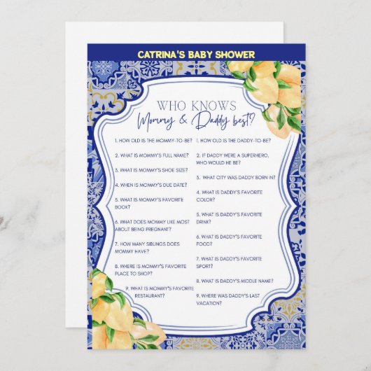 レモンブルータイル赤ちゃんシャワー – 編集可能な名前， 5x7 招待状 (正面/裏面)