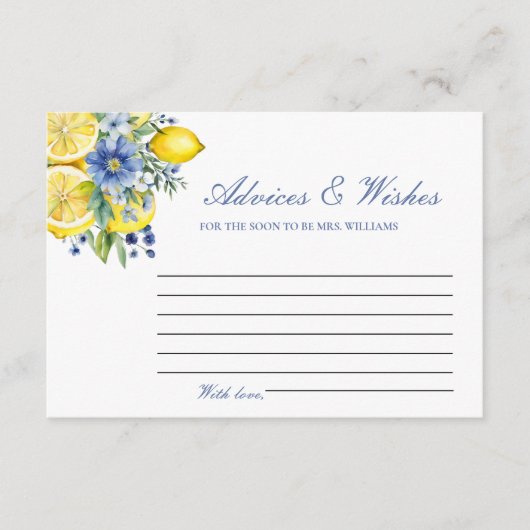 レモンブルーフローラアドバイス&WIshesブライダルシャワー エンクロージャーカード (正面)