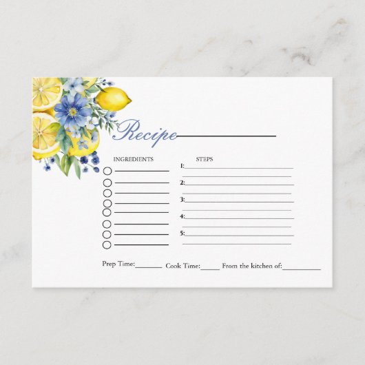 レモンブルーフローラブライダルシャワーレシピ要求 エンクロージャーカード (正面)