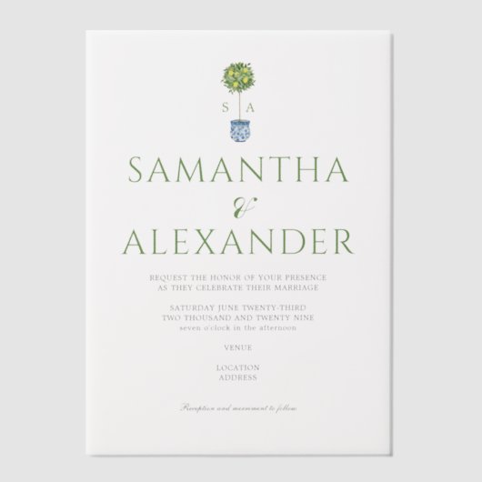 レモンブルーメディテラネアンガーデングリーン結婚ズ ベラム紙招待状 (正面)