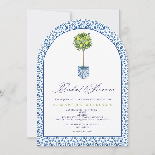 レモンブルーメディテラネアンタイルズガーデンブライダルシャワー 招待状 (正面)