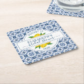 レモンブルー地中海のタイルブライダルシャワー スクエアペーパーコースター (アングル)