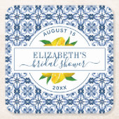 レモンブルー地中海のタイルブライダルシャワー スクエアペーパーコースター (正面)