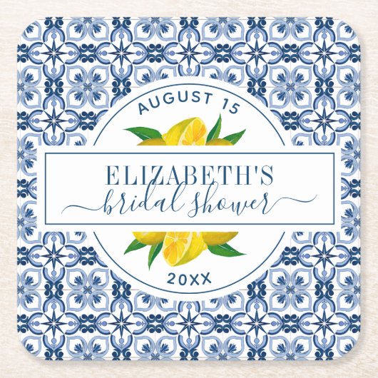 レモンブルー地中海のタイルブライダルシャワー スクエアペーパーコースター (正面)