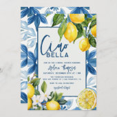 レモンブルー地中海のタイルブライダルシャワー 招待状 (正面/裏面)