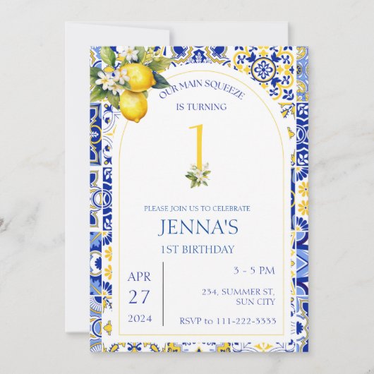 レモンブルー地中海のタイル第1回2回目の誕生日 招待状 (正面)