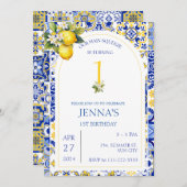 レモンブルー地中海のタイル第1回2回目の誕生日 招待状 (正面/裏面)