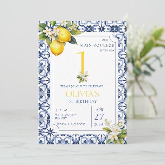 レモンブルー地中海のタイル第1回2回目の誕生日 招待状 (スタンド正面)