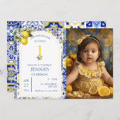 レモンブルー地中海のタイル1stフォト誕生日 招待状 (正面/裏面)