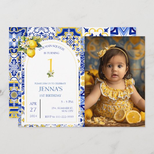 レモンブルー地中海のタイル1stフォト誕生日 招待状 (正面/裏面)