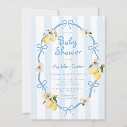 レモンブルー地中海のボウズ赤ちゃんシャワー 招待状 (正面)