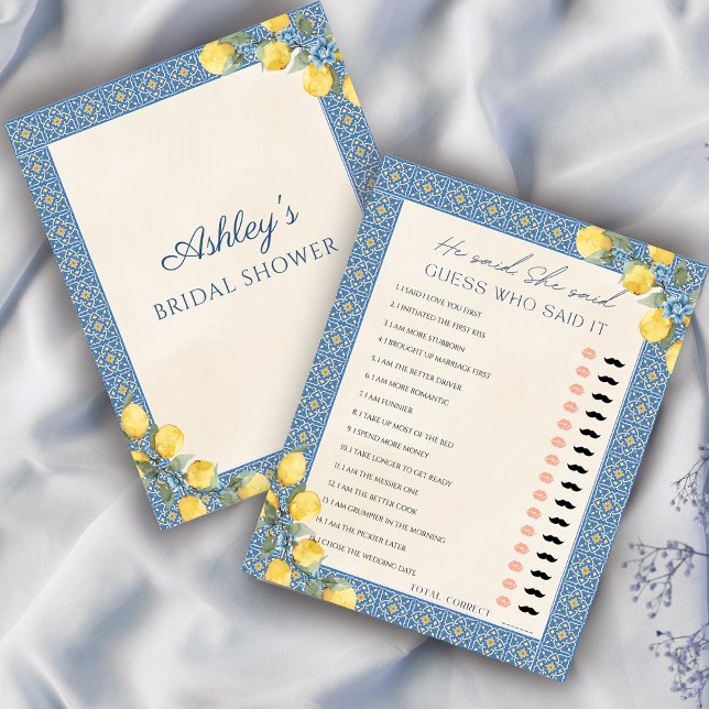 レモンブルー彼は彼女はブライダルシャワーゲームを言った (That's Amore Lemon Italian Bridal Shower He Said She Said Game)