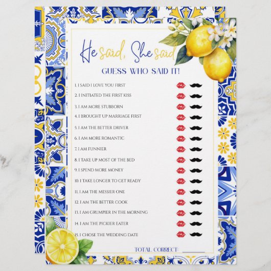 レモンブルー彼は彼女はブライダルシャワーゲームを言った (正面/裏面)