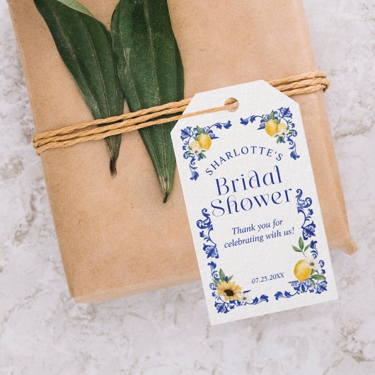 レモンブルー陶芸模様ブライダルシャワー有難う ギフトタグ