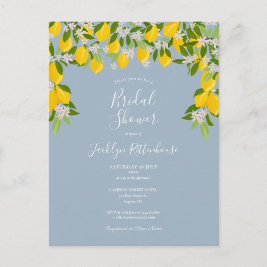 レモンブロッサムグリーナリーダスティブルーブライダルシャワー 案内ポストカード (正面)