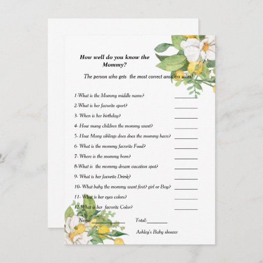 レモンベビーシャワーどの程度ママを知っているか 招待状 (正面/裏面)