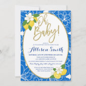 レモンベビーシャワー男の赤ちゃんブルーイエロー金ゴールド 招待状 (正面)