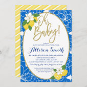レモンベビーシャワー男の赤ちゃんブルーイエロー金ゴールド 招待状 (正面/裏面)