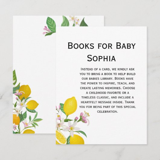 レモンベビーシャワー、チャオベビー、イタリアンテーマ エンクロージャーカード (正面/裏面)