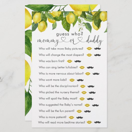 レモンベビーシャワー「誰を推測」ゲーム (正面/裏面)