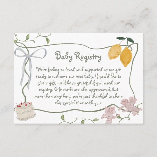 レモンベビー男女兼用シャワーのギフトレジストリ エンクロージャーカード (正面)