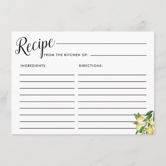 レモンホワイトフローラルブライダルレシピカード エンクロージャーカード (正面)